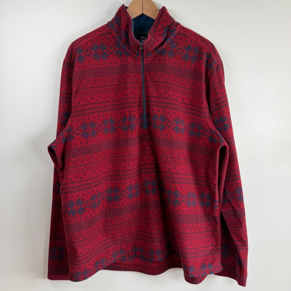 Lands' End Fleece Quarter Zip Nordic Snowflake Pullover Sweater Red Blue Mens XL